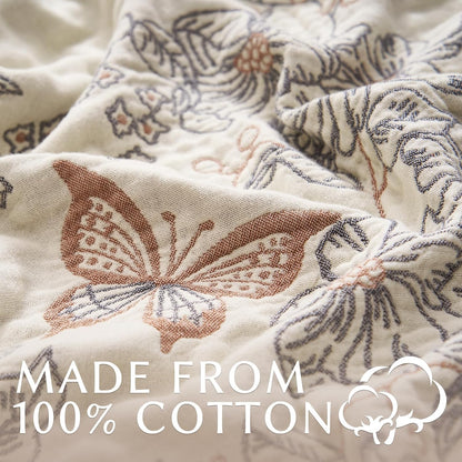 JINCHAN Boho Floral 100% Cotton Blanket 4-Layer Throw Blanket with Tassel Taupe and White Flower