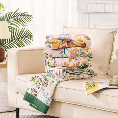 Boho Throw Blanket for Bed, 100% Cotton Soft Rustic Quilt Fall Blanket, 90"x98" Floral Printed