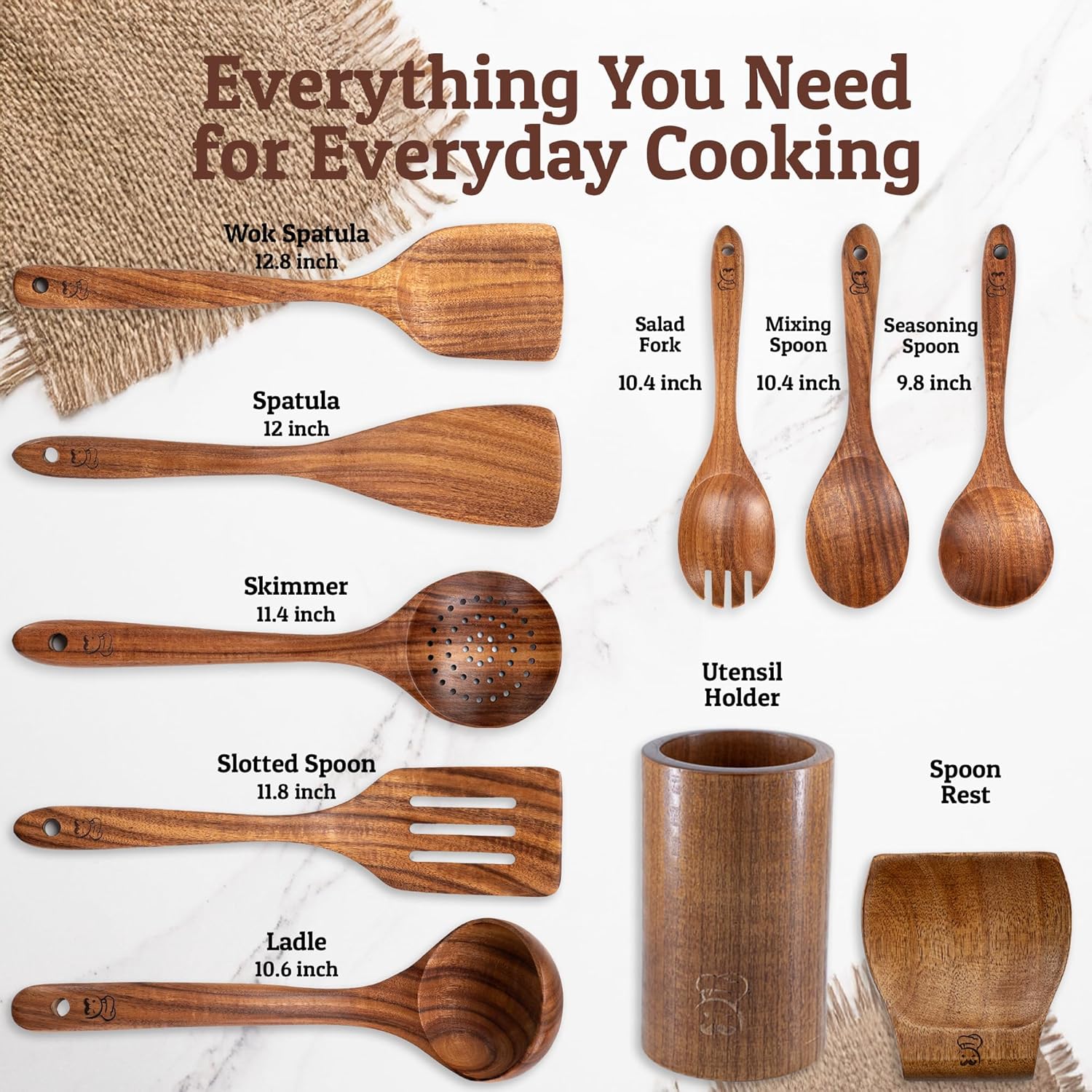 PriorityChef Premium Wooden Spoons for Cooking - 8pc with Utensil Holder, Spoon Rest and Hanging