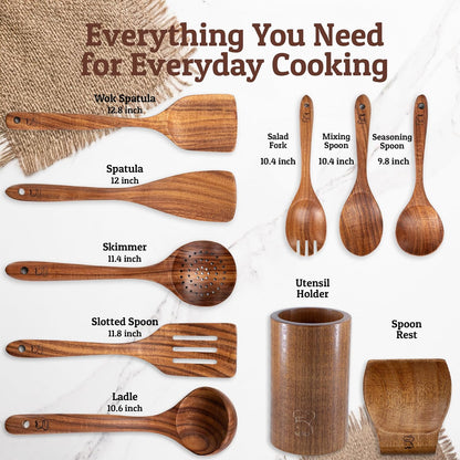 PriorityChef Premium Wooden Spoons for Cooking - 8pc with Utensil Holder, Spoon Rest and Hanging