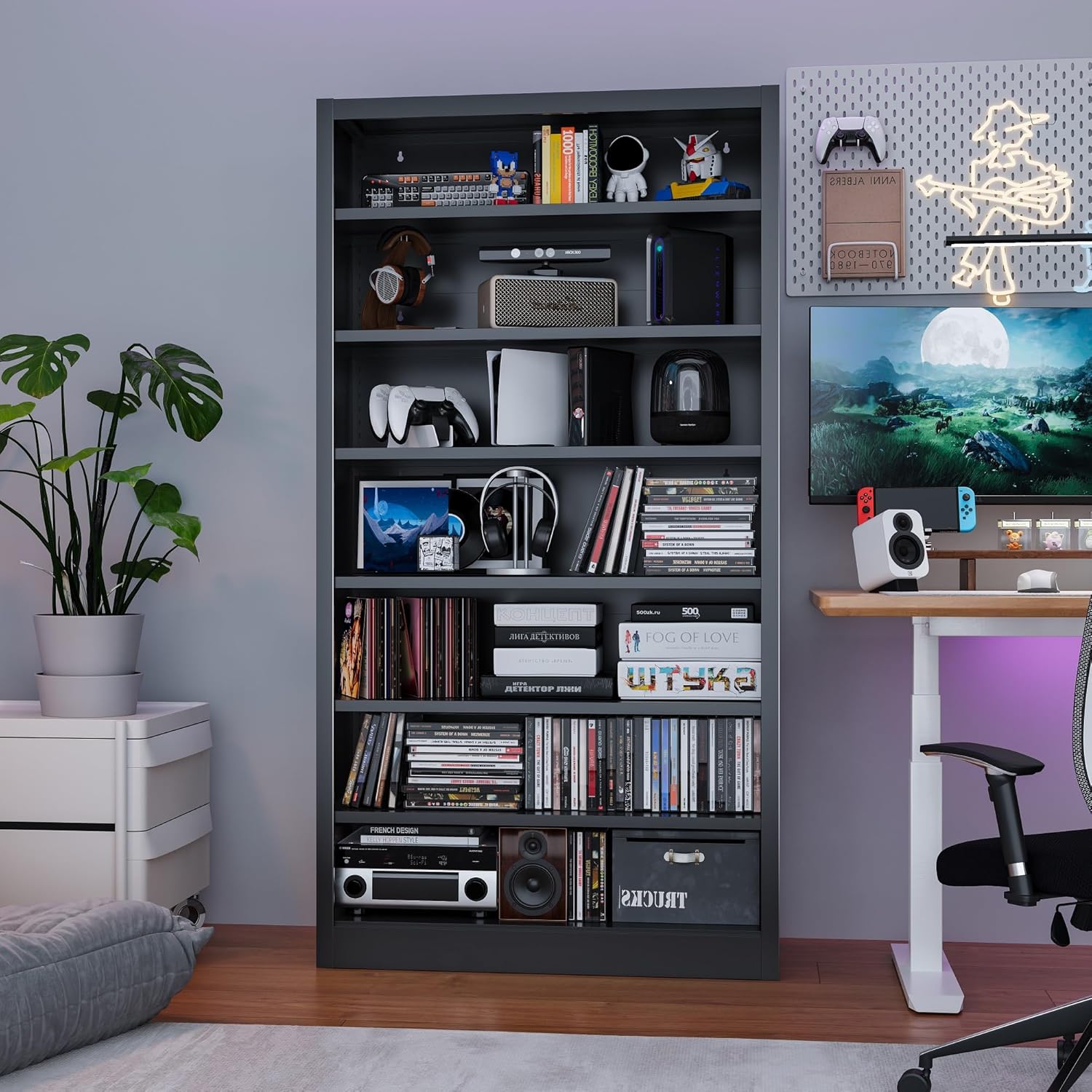 Metal DVD Storage Cabinets, 7-Tier CD Storage Rack with Adjustable Shelves, DVD Organizer Shelf