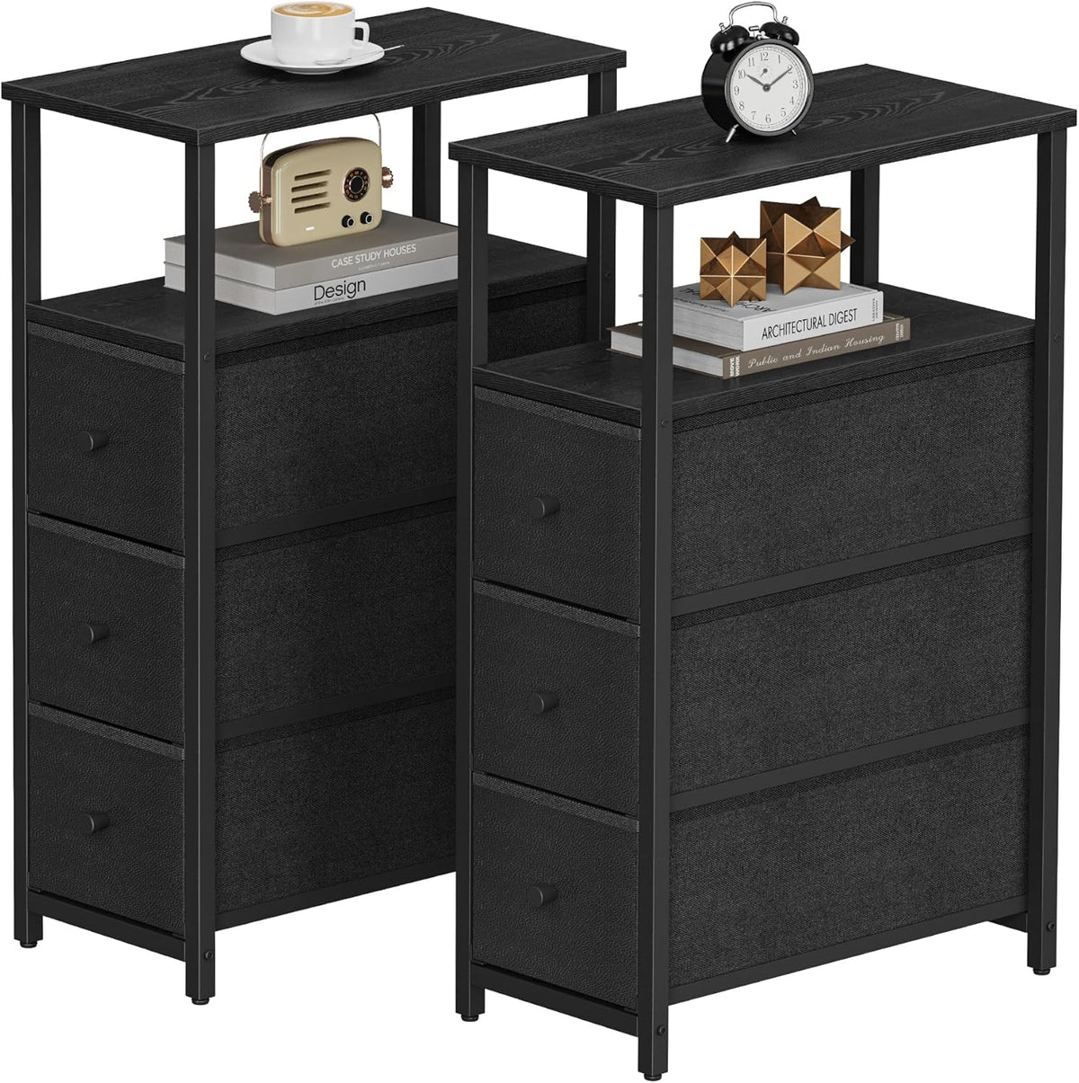 TUTOTAK Narrow Night Stand, Slim End Table, Tall Side Table with 3 Fabric Drawer, Small Bedside