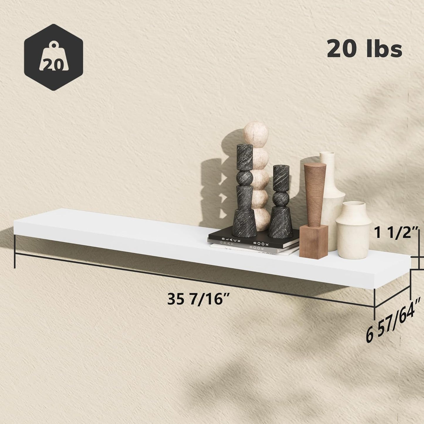 BAMEOS Floating Shelves, 35 in W x 7in D White Wall Mounted Wooden Shelves with Invisible Brackets