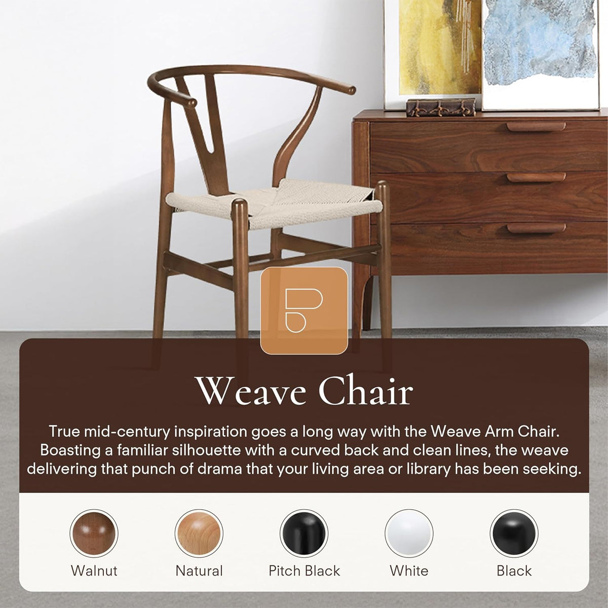 POLY & BARK Weave Dining Chairs – Mid-Century Modern Wishbone Dining Chairs with Arms, Solid Wood