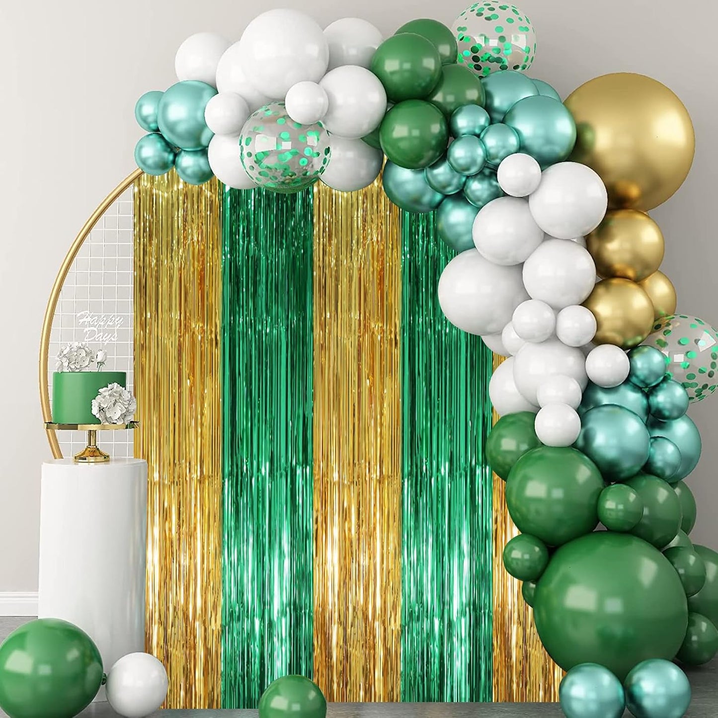 3 Pack 3.3 x 8.2 ft Green and Gold Foil Fringe Backdrop Curtains, Tinsel Streamers Party