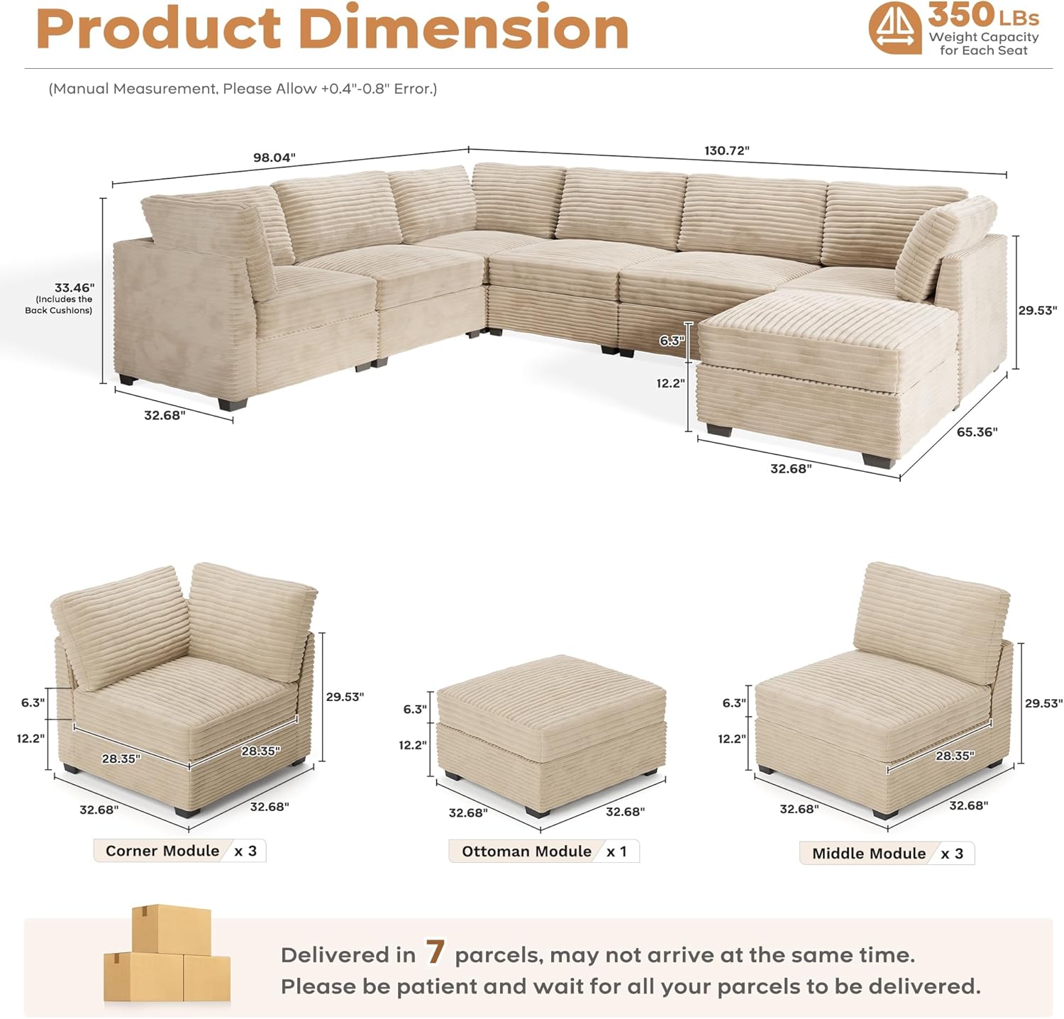 ovios Sectional Sofa Couch with U-Shape Chaise Sofa Bed, Comfy Modular Cloud Couches with Deep