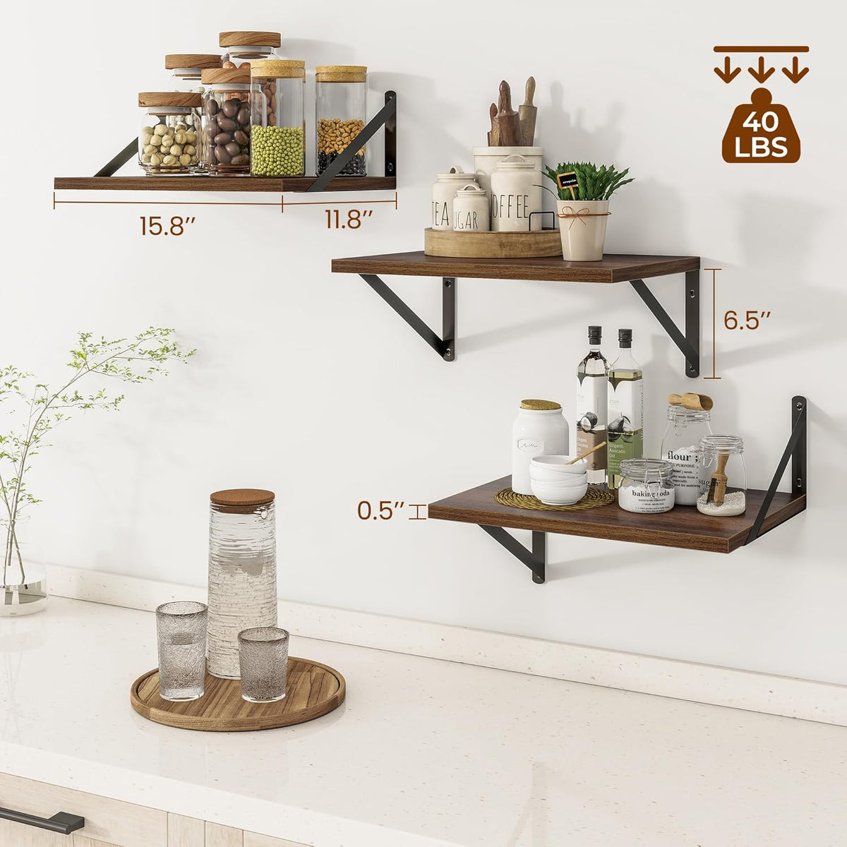 Heimlove Deep Floating Shelves for Wall, 12 Inch Deep Floating Shelves Set of 3, 16W x 12D Wood