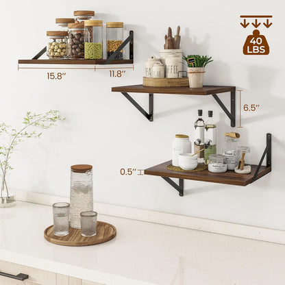 Heimlove Deep Floating Shelves for Wall, 12 Inch Deep Floating Shelves Set of 3, 16W x 12D Wood