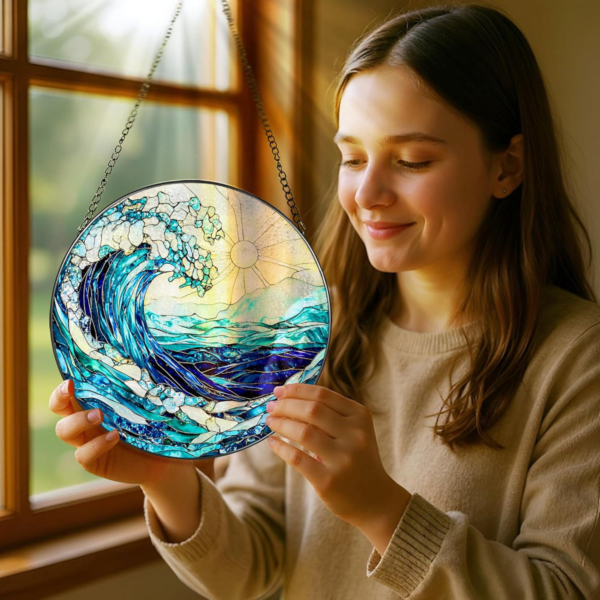 Stained Glass Window Hanging, 8 Inch Ocean Waves Stained Glass Suncatcher, Window Hanging Decor