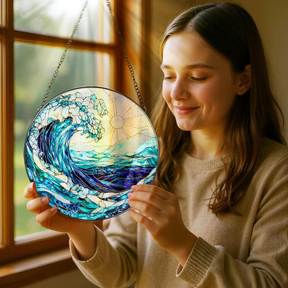 Stained Glass Window Hanging, 8 Inch Ocean Waves Stained Glass Suncatcher, Window Hanging Decor