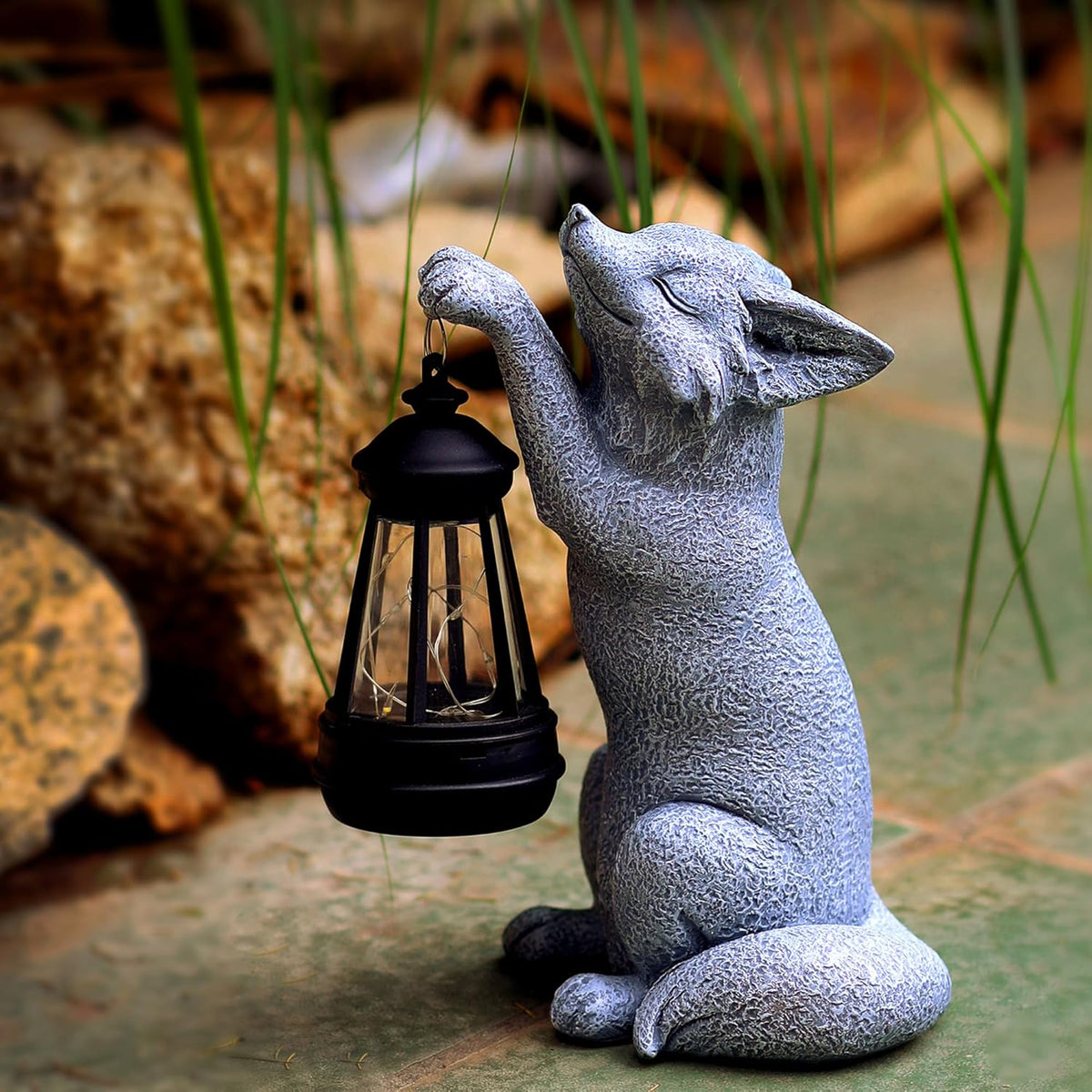 Fox Statue for Garden Decor, Garden Statue with Solar Power Light for Outdoor Patio Porch Lawn Yard