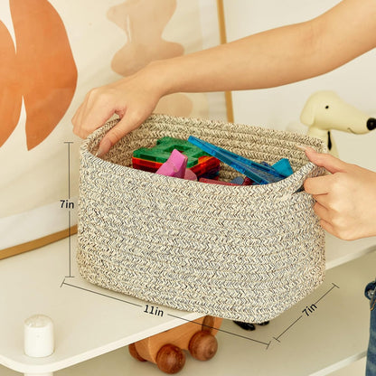 Small Cotton Rope Storage Basket Set of 3-11"x7"x7" Perfect Woven Baskets for Storage, Ideal