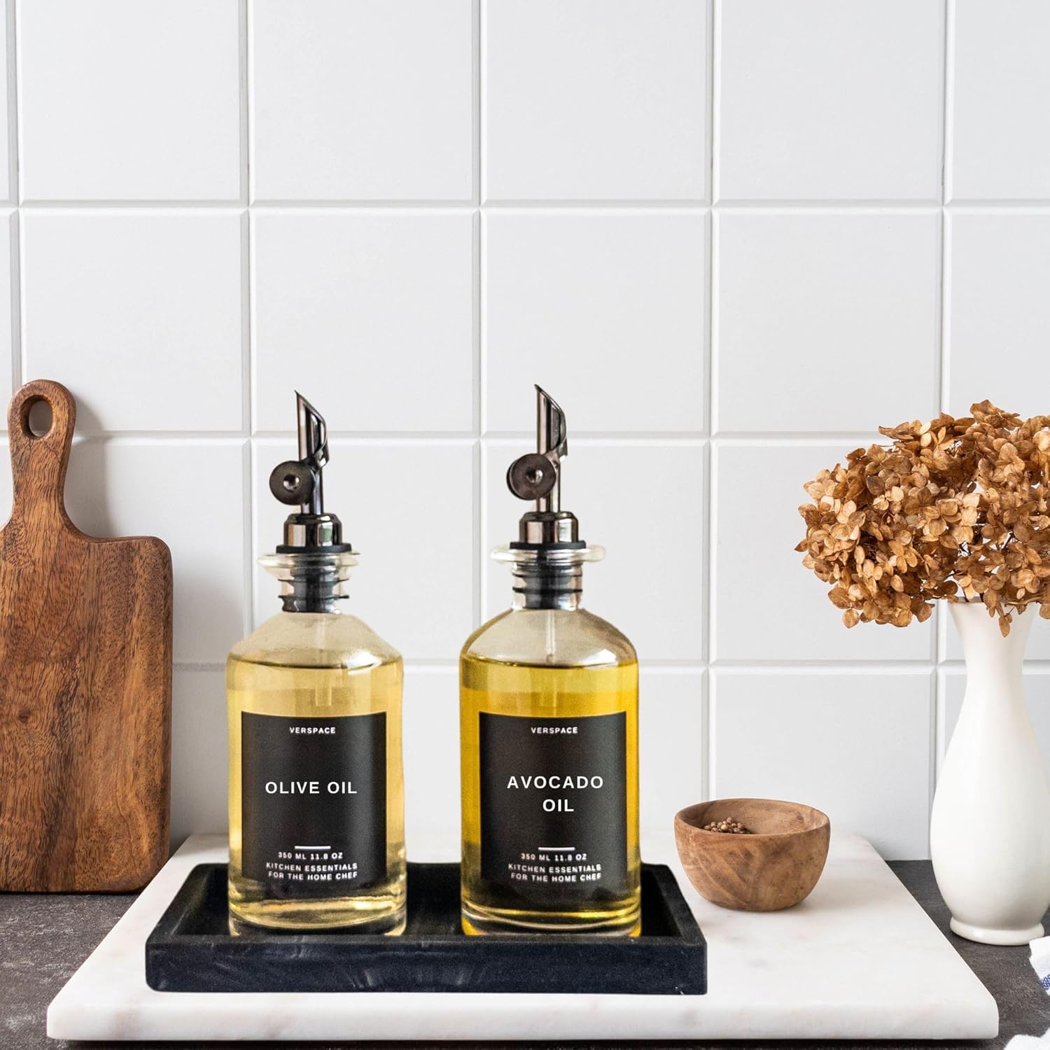 Olive Oil Dispenser Set With Silicone Tray & 40 Labels - 2 Black Bottles (500ml / 17oz) for