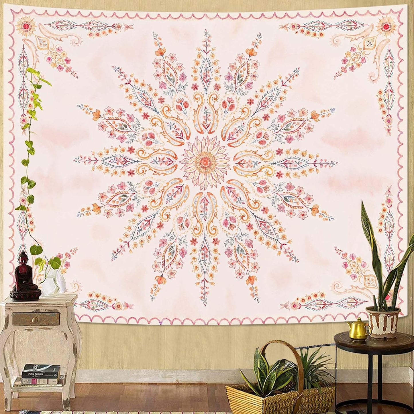 Fowocu Boho Floral Mandala Tapestry for Bedroom Aesthetic Pink Bohemian Flower Wall Tapestry