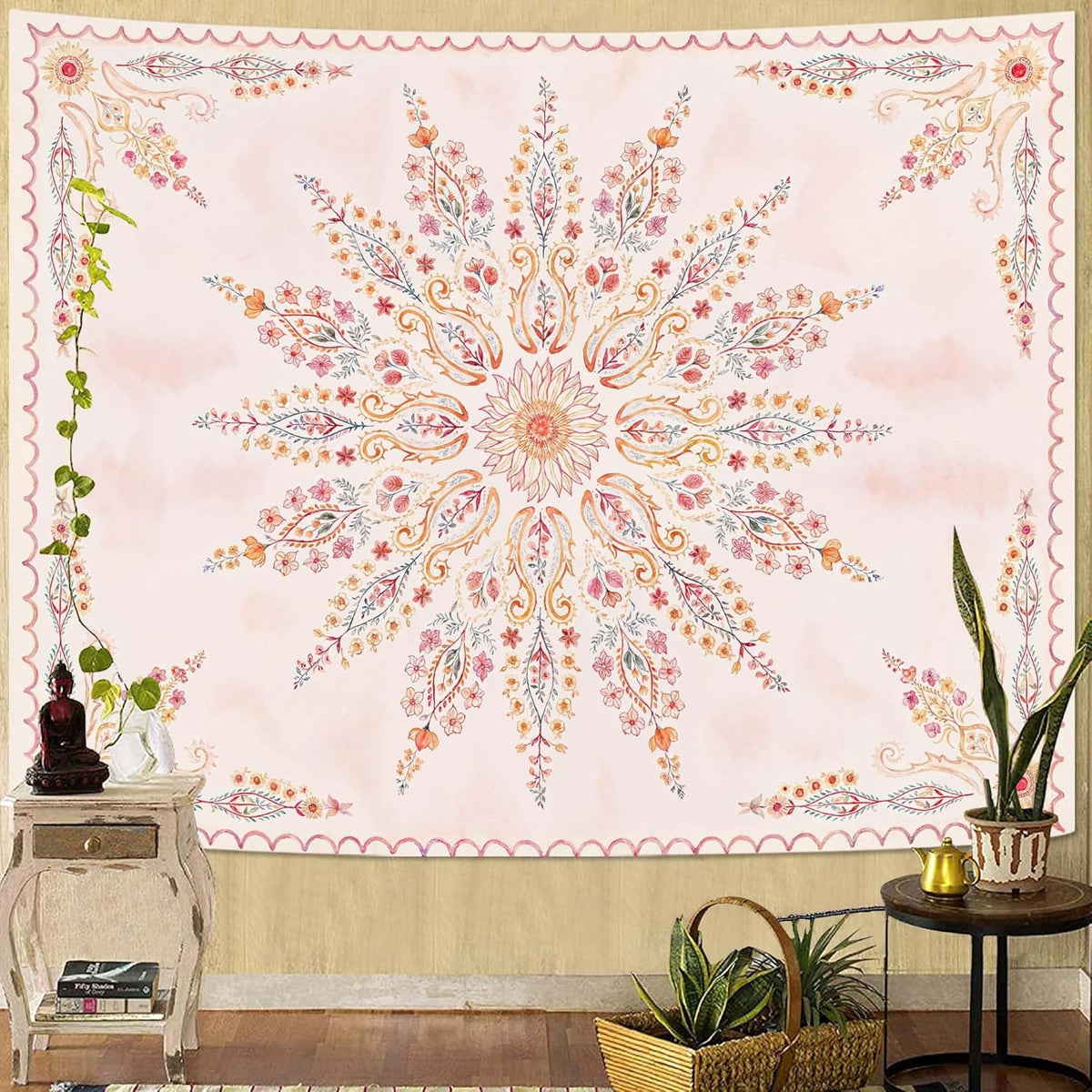 Fowocu Boho Floral Mandala Tapestry for Bedroom Aesthetic Pink Bohemian Flower Wall Tapestry