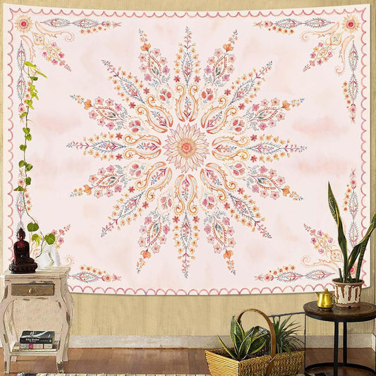 Fowocu Boho Floral Mandala Tapestry for Bedroom Aesthetic Pink Bohemian Flower Wall Tapestry