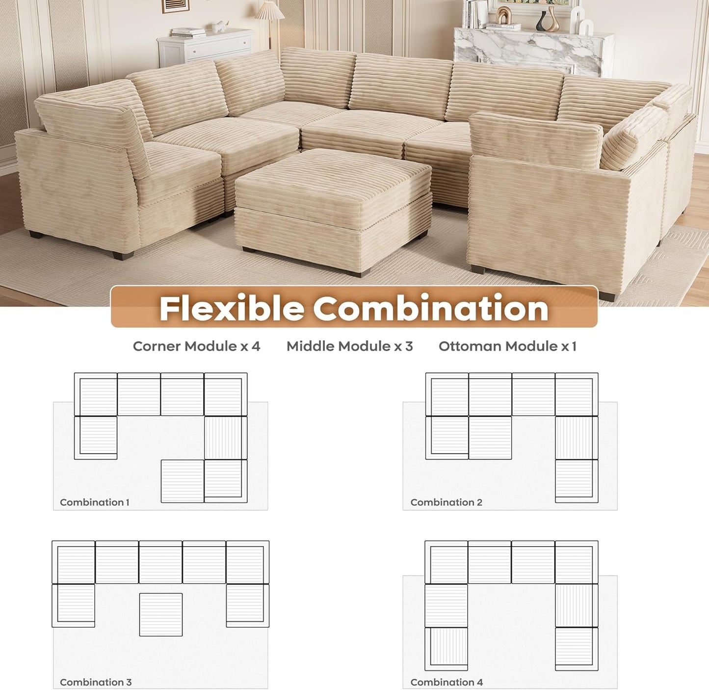 ovios Sectional Sofa Couch with U-Shape Chaise Sofa Bed, Comfy Modular Cloud Couches with Deep