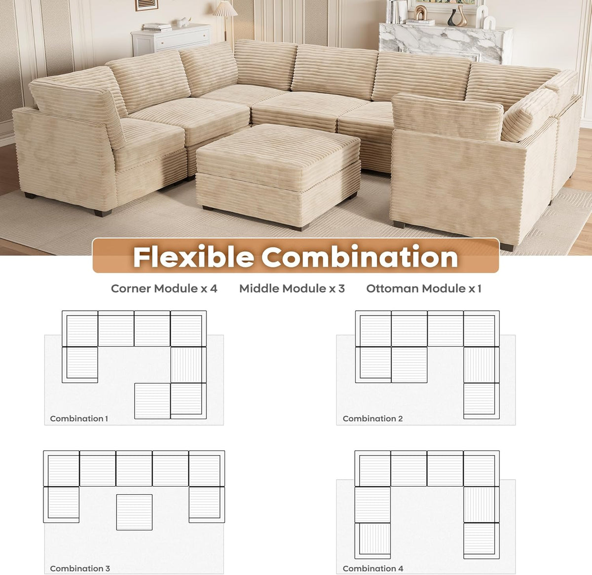 ovios Sectional Sofa Couch with U-Shape Chaise Sofa Bed, Comfy Modular Cloud Couches with Deep