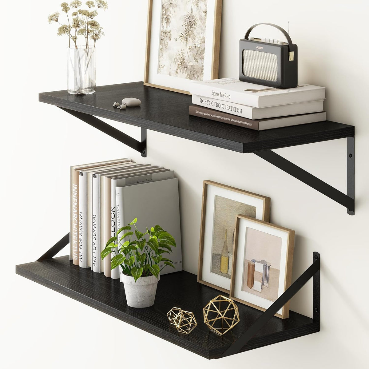 Fun Memories 27.5" W x10 D Floating Shelves, Black Wall Shelf with Brackets, 10 Inch Deep Floating