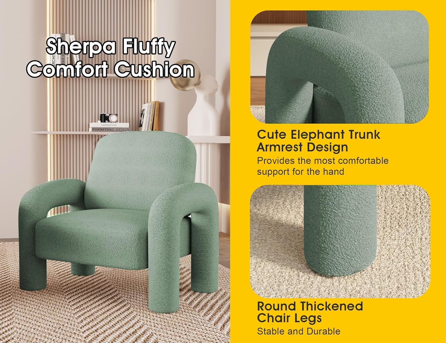 Modern Sherpa Accent Chair, Teddy Upholstered Arm Single Sofa, Cozy Fluffy Reading Chair for Living