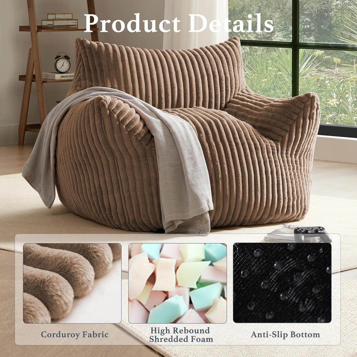 Giant Plush Bean Bag Chair for Adults with Armrests - Oversized Comfy Khaki Beanbag Lounge Lazy
