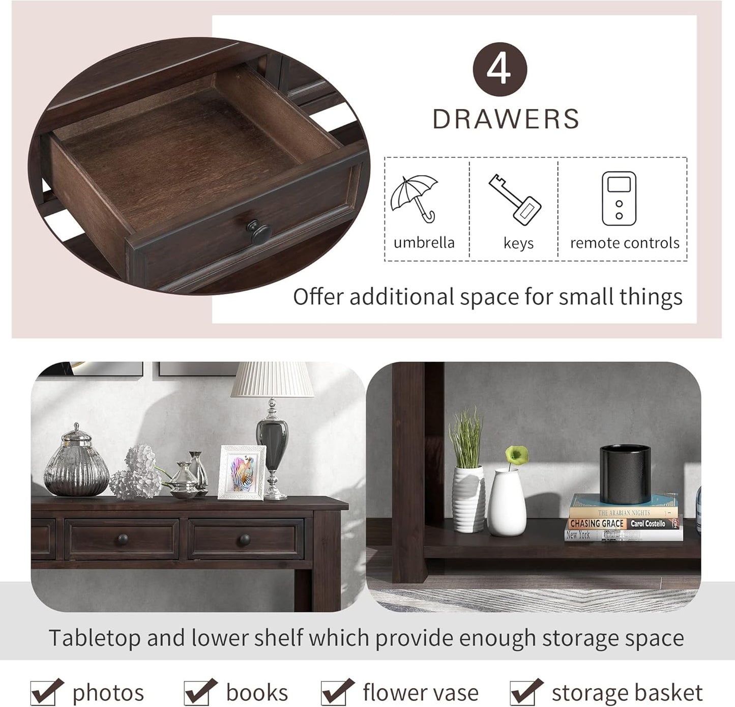 63" Solid Wood Console Table Sofa Table with Storage Drawers and Bottom Shelf,Farmhouse Entryway