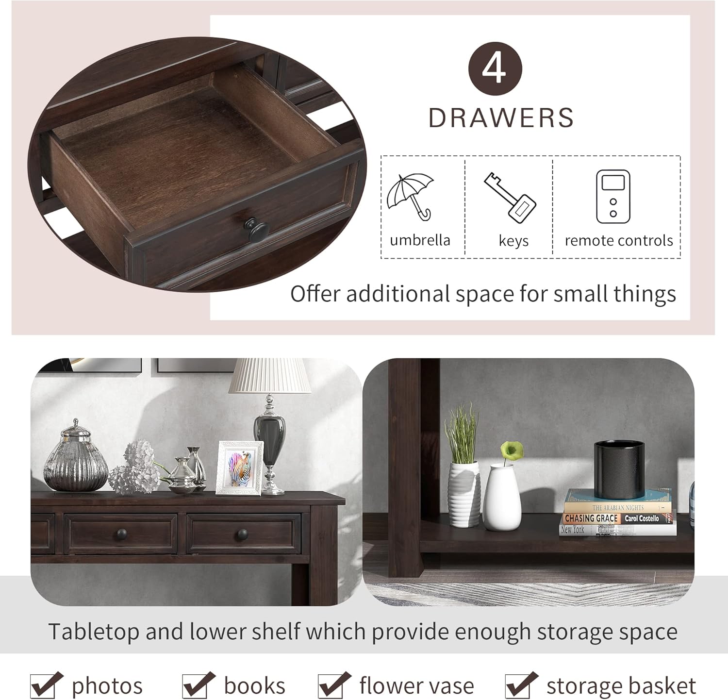63" Solid Wood Console Table Sofa Table with Storage Drawers and Bottom Shelf,Farmhouse Entryway