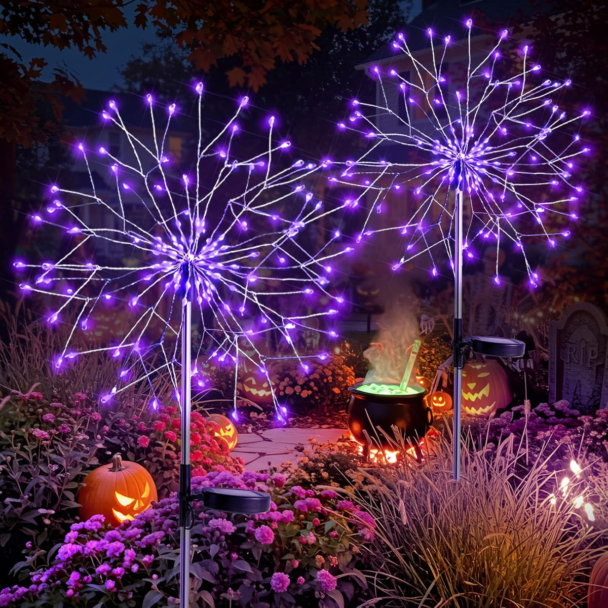 suddus 2 Pack Purple Halloween Lights Outdoor, 150LED Purple Solar Garden Lights with 8 Modes