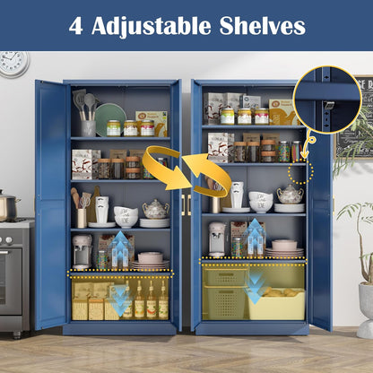 Kitchen Pantry Cabinet,71”Blue Metal Pantry Storage Cabinets with Doors and 4 Adjustable