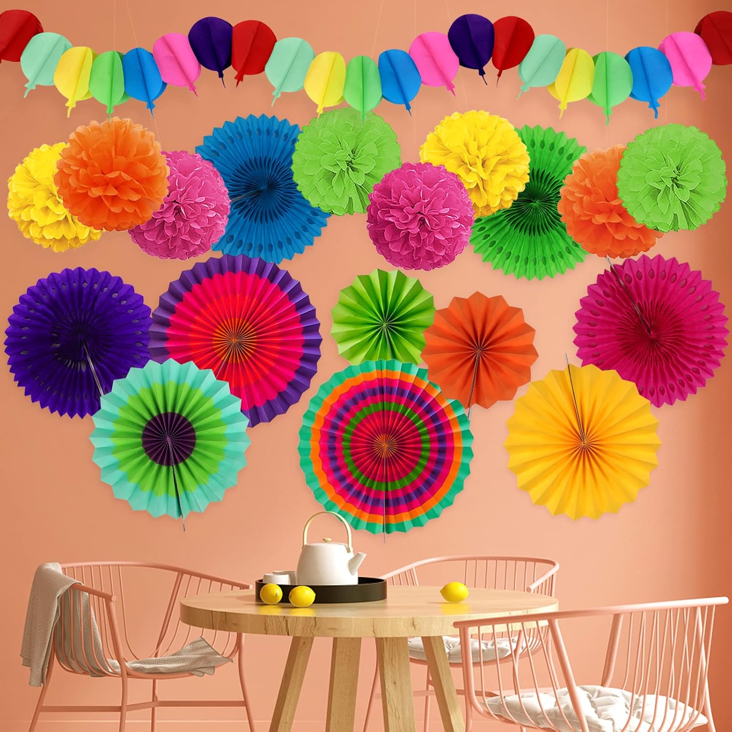 Fiesta Party Decorations, Multicolored Paper Pompoms Fan Garlands for Mexican Party Cinco De Mayo
