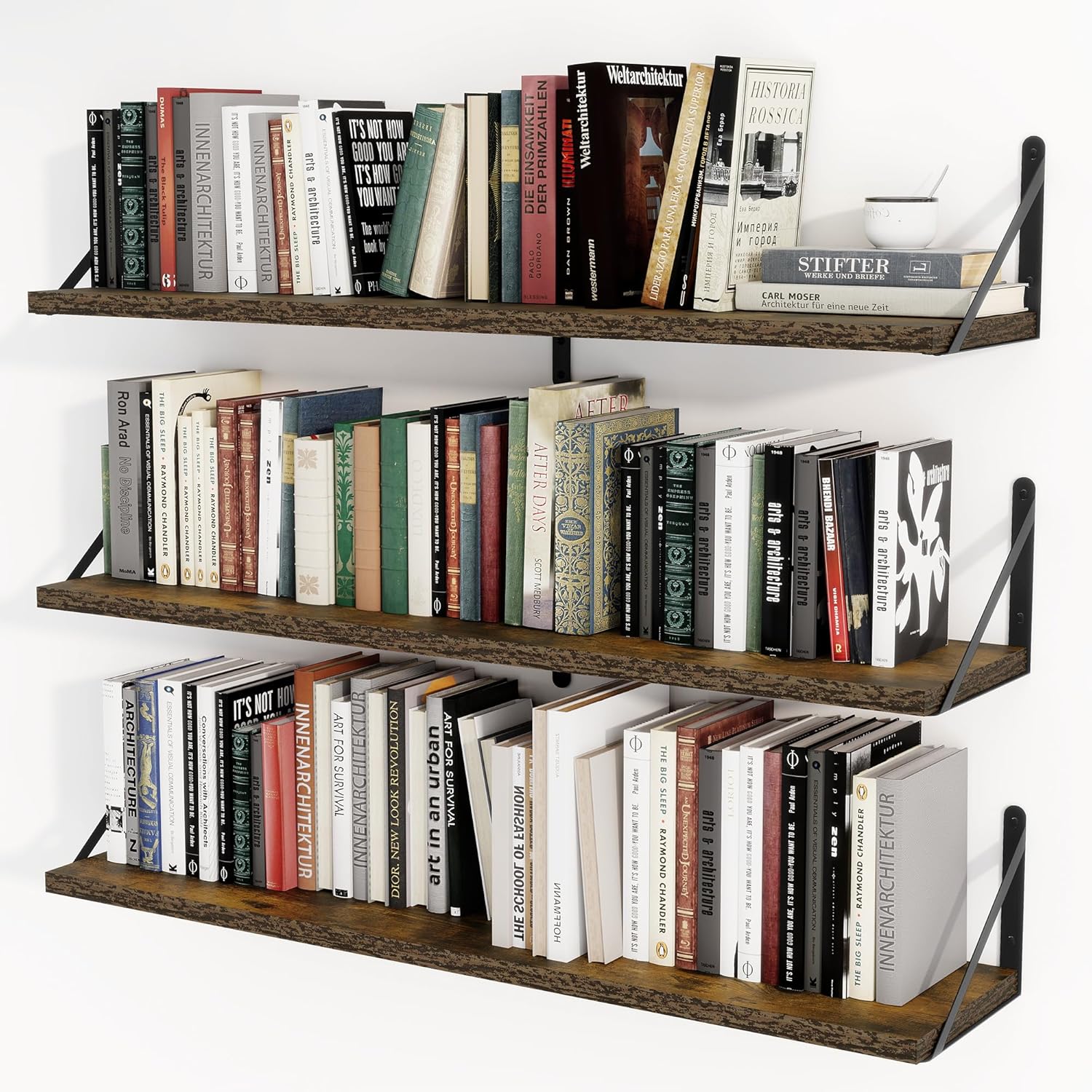 Heimlove 36 Inch Floating Bookshelves Set of 3,Heavy Duty Wall Mounted Bookshelves,Rustic Brown