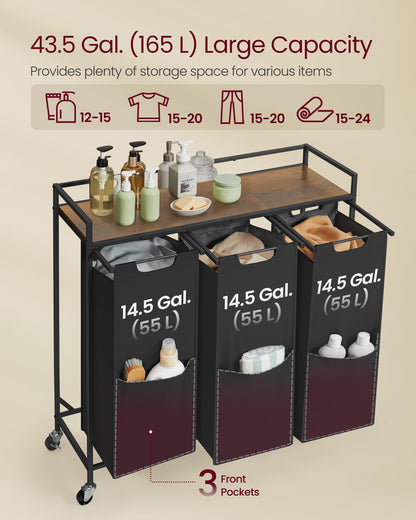 VASAGLE Laundry Sorter, 43.5 Gal. (165 L) Laundry Hamper Basket with 3 Compartments, Rolling Cart