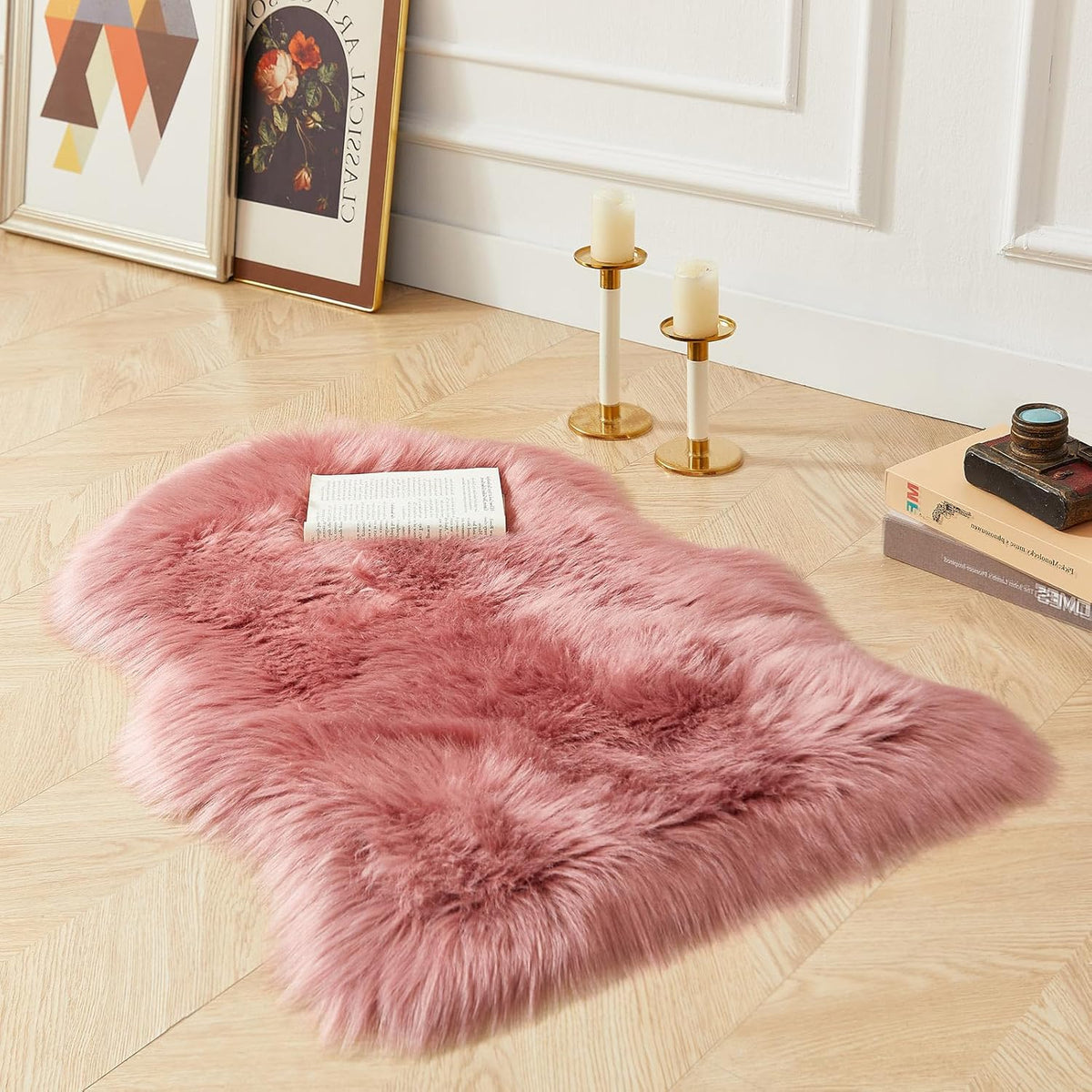 AMTOVO Faux Fur Rug, Blush Pink Small Area Rug, Fluffy Sheepskin Rug, Fuzzy Ultra Soft 2 x 3 ft