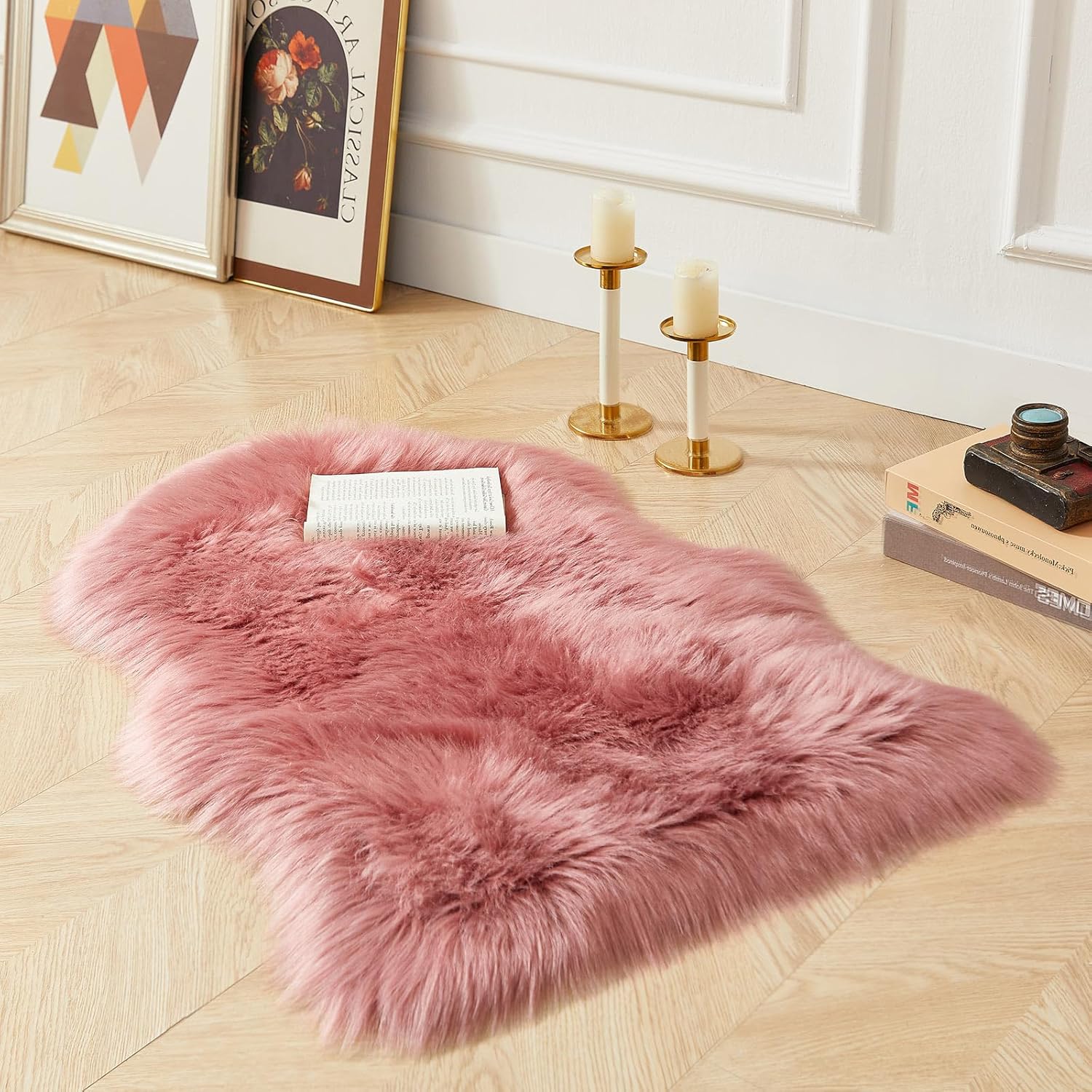 AMTOVO Faux Fur Rug, Blush Pink Small Area Rug, Fluffy Sheepskin Rug, Fuzzy Ultra Soft 2 x 3 ft