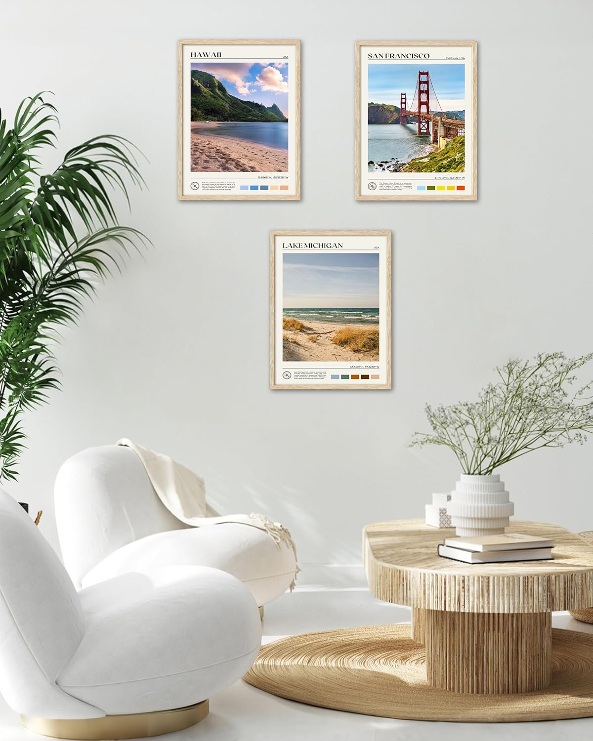HesenDot Natural OAK Wood Lake Michigan Framed Wall Art,12x16in Natural Scenery Canvas Wall