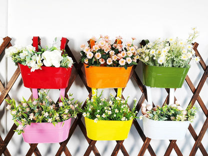 6 Pcs Railing Planter, 10" Metal Hanging Flower Pots for Outdoor Balcony Rails, Fence Pot Hanging