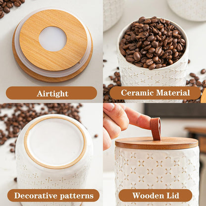 JOJUNO White Ceramic Canister Set with Wooden Lids – 3-Piece Airtight Food Storage Jars for