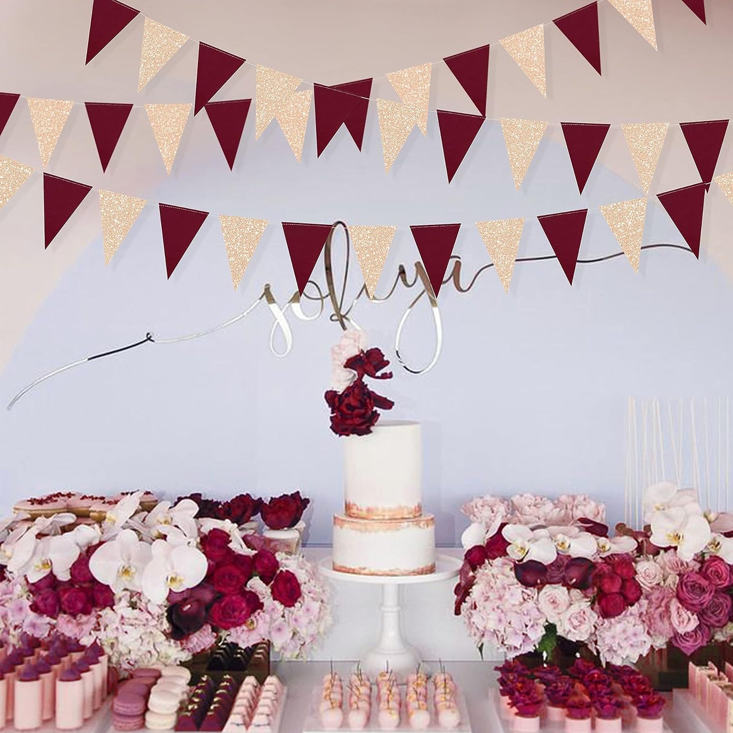 Burgundy Party Decorations Maroon Champagne Gold Triangle Banner Flag Bunting Pennant for Birthday