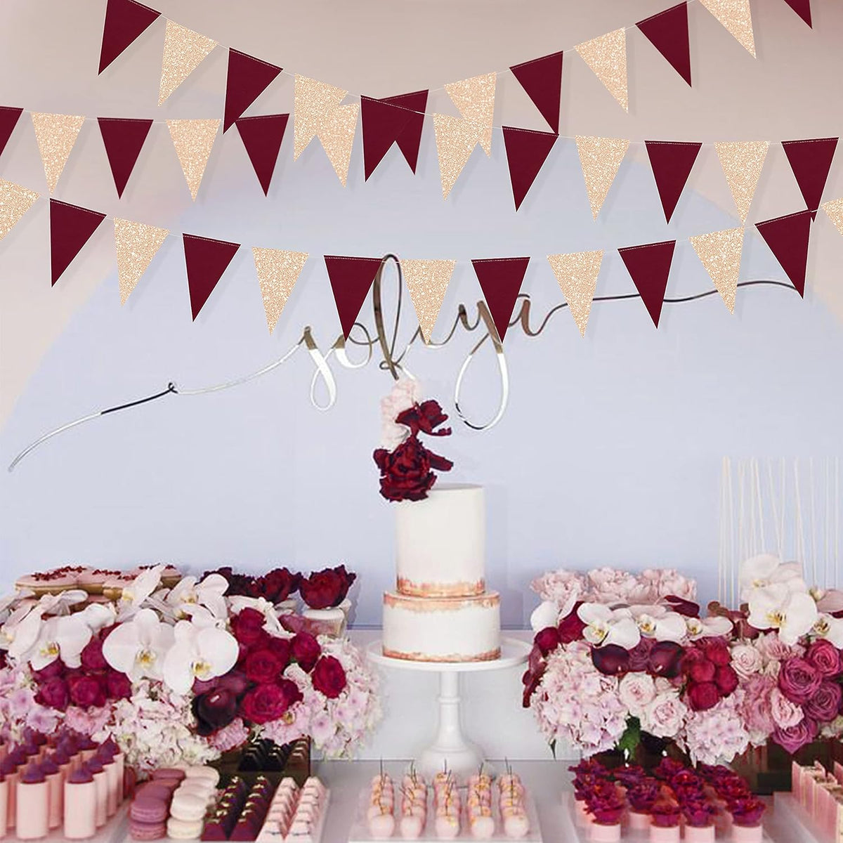 Burgundy Party Decorations Maroon Champagne Gold Triangle Banner Flag Bunting Pennant for Birthday
