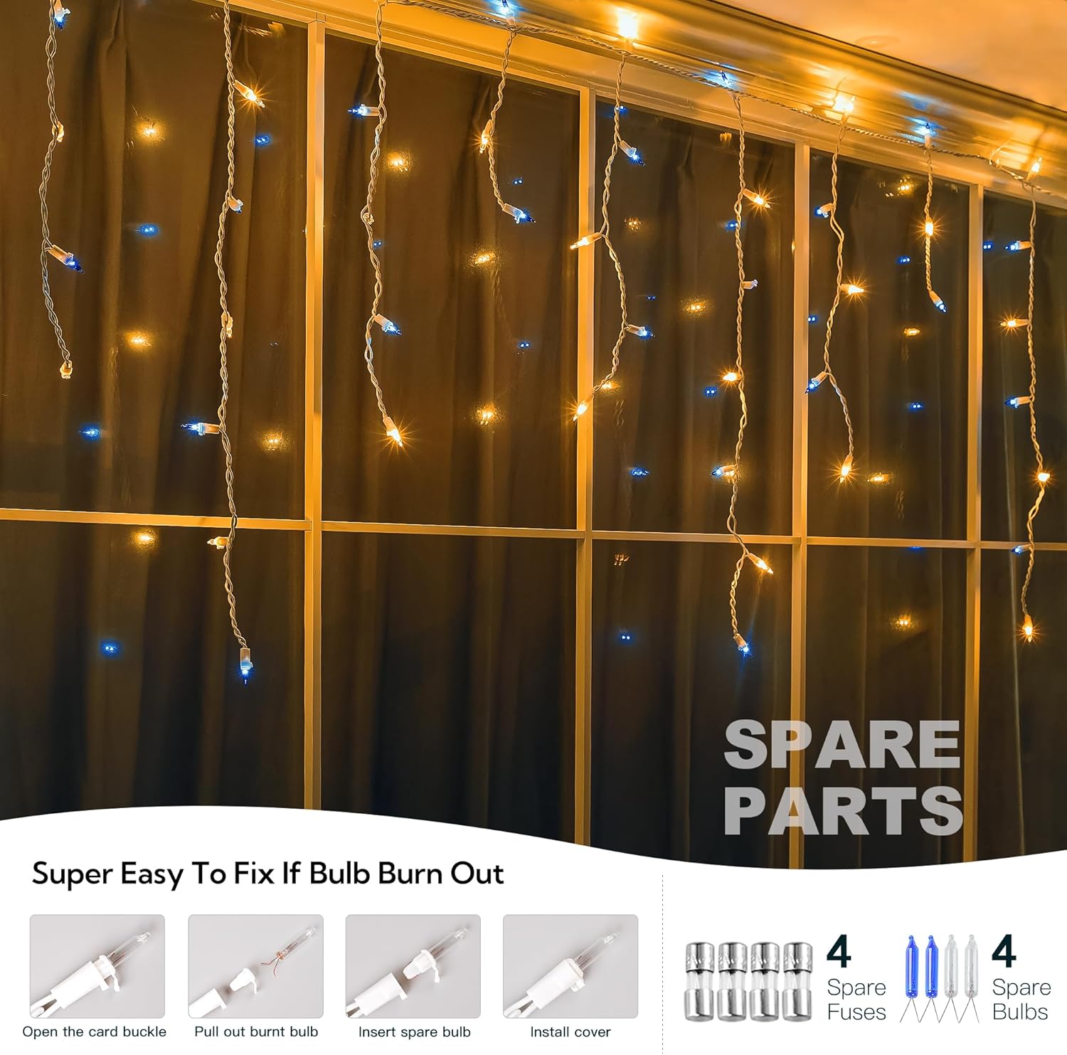 200ct Blue&Clear Mini Icicle Christmas Lights, 23FT White Wire Incandescent Bulb String Lights