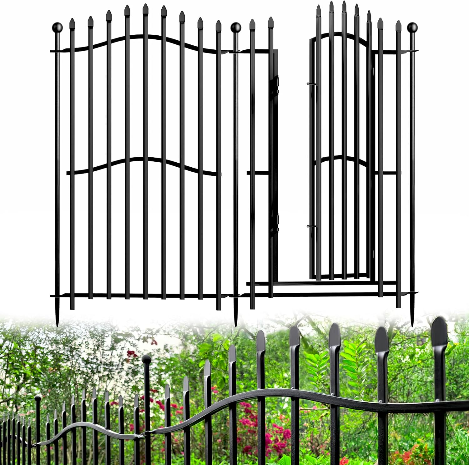 8 Panels No Dig Decorative Garden Fence with Gate - 40in H x 18ft L, Tall Heavy-Duty Square Tube