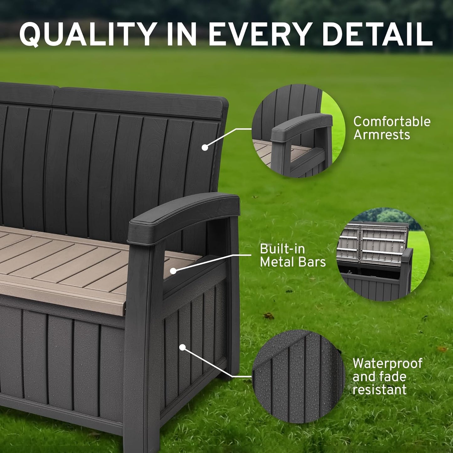 EconoHome 2 Seat Outdoor Storage Bench with Rain Cover - 60 Gallon Capacity - Weatherproof Resin