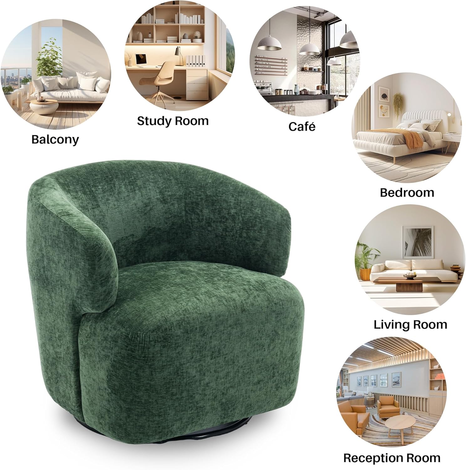 Swivel Accent Chair, Chenille Barrel Chair for Living Room, Cozy Round Boucle Arm Chair, Metal Base