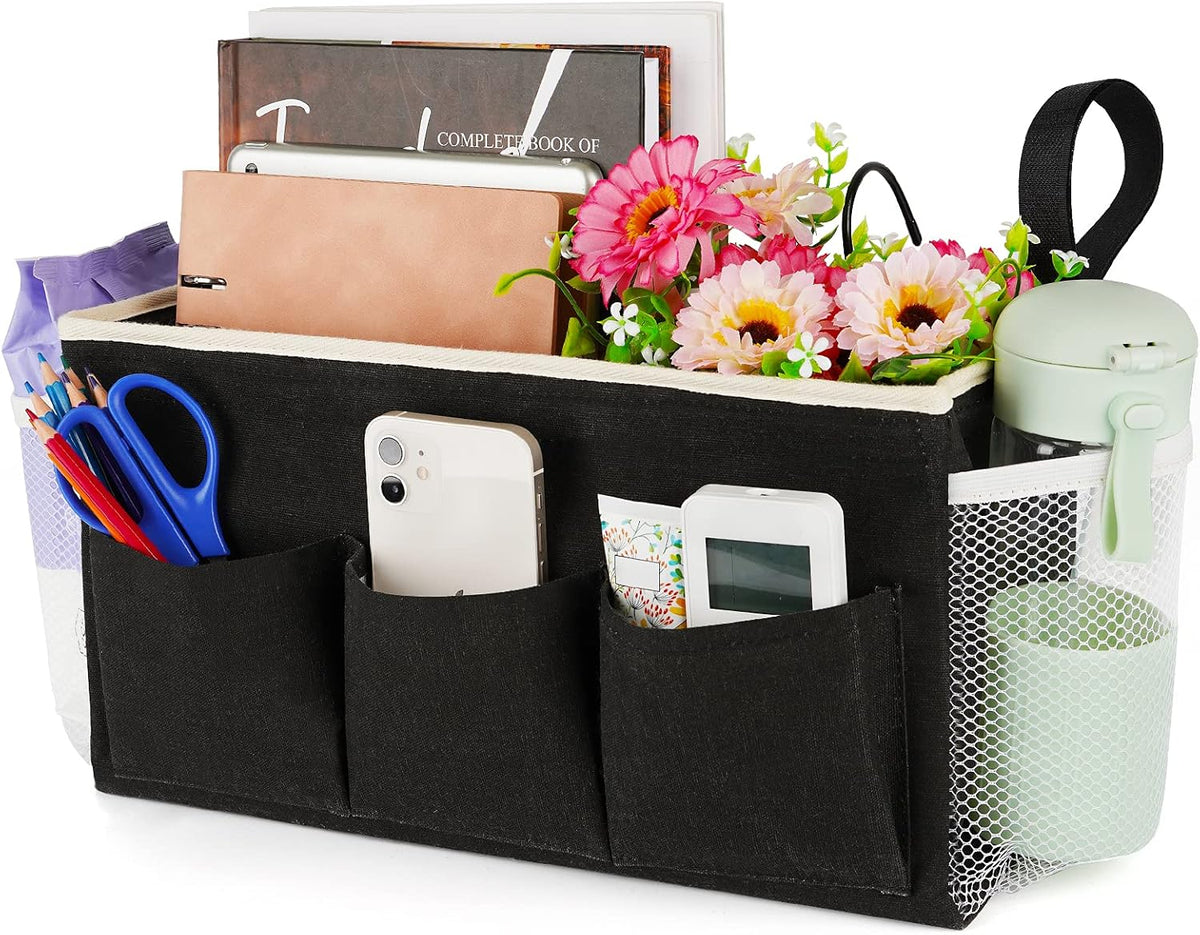 Bedside Caddy Bedside Organizer Bedside Storage Caddy with Fixed Straps and Water Bottle Holder for