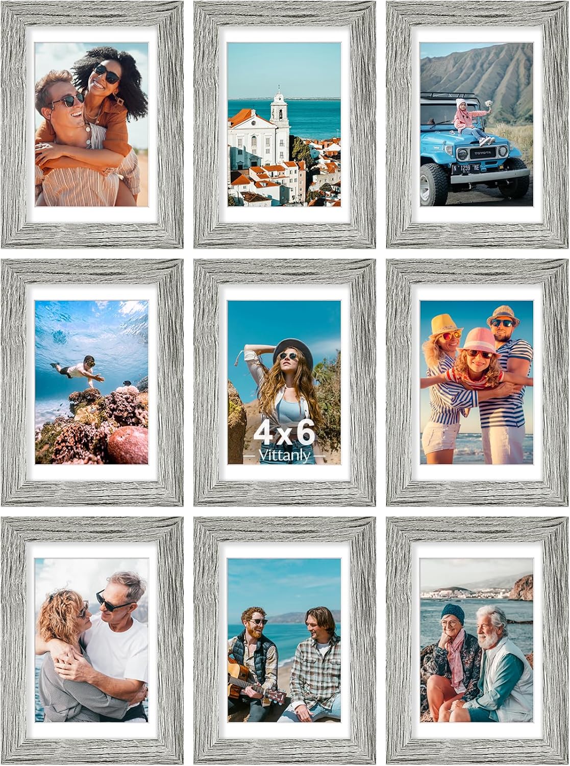 Vittanly 4x6 Picture Frames Set of 9, Shatter Resistant Plexiglass, Display 3.5x5 Pictures with Mat