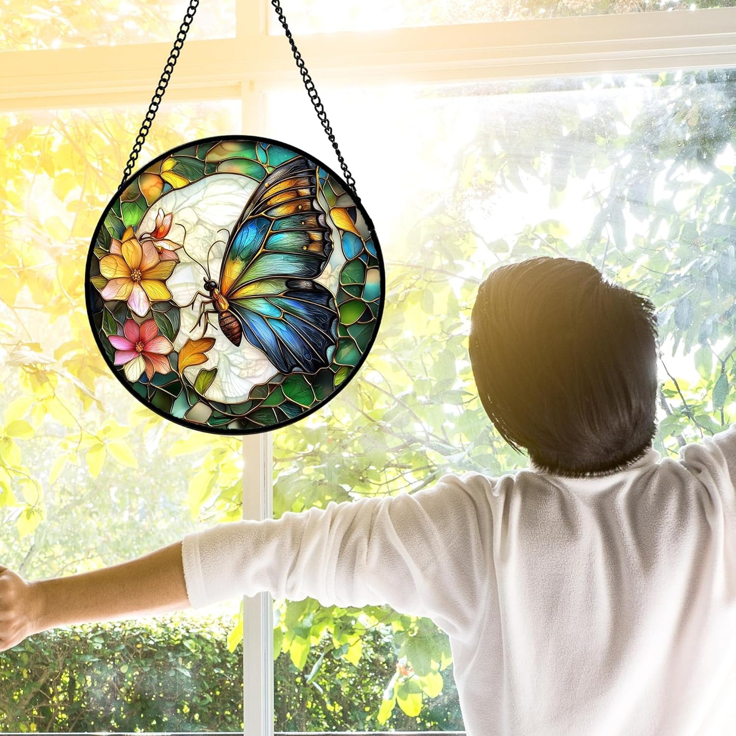 Stained Glass Window Hanging, Butterfly Flower Sun Catchers Diamond Glass Panel Hangings Insect