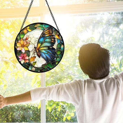 Stained Glass Window Hanging, Butterfly Flower Sun Catchers Diamond Glass Panel Hangings Insect