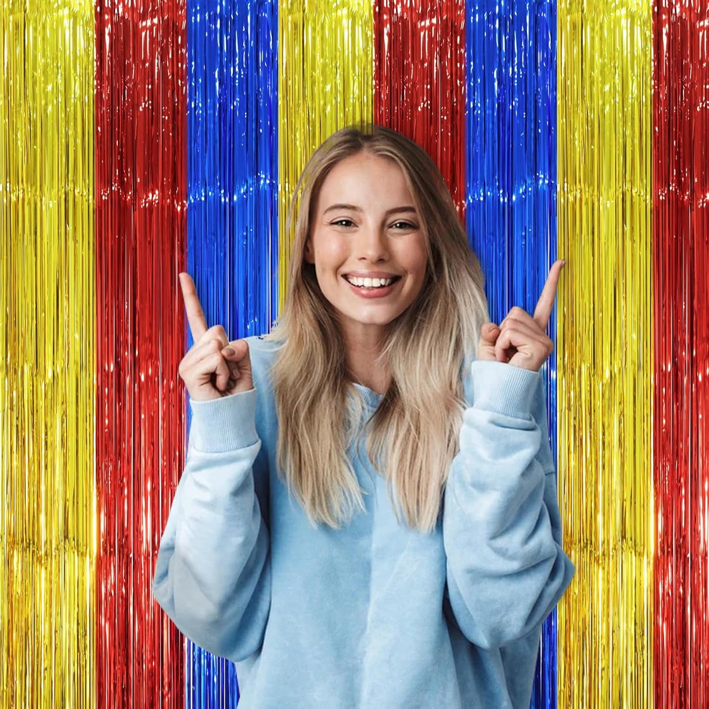 3 Pack 3.3 x 8.2 ft Blue Red Gold Foil Fringe Backdrop Curtains, Tinsel Streamers Party