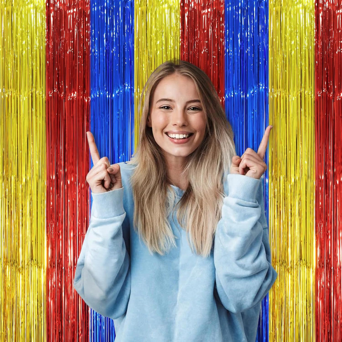3 Pack 3.3 x 8.2 ft Blue Red Gold Foil Fringe Backdrop Curtains, Tinsel Streamers Party