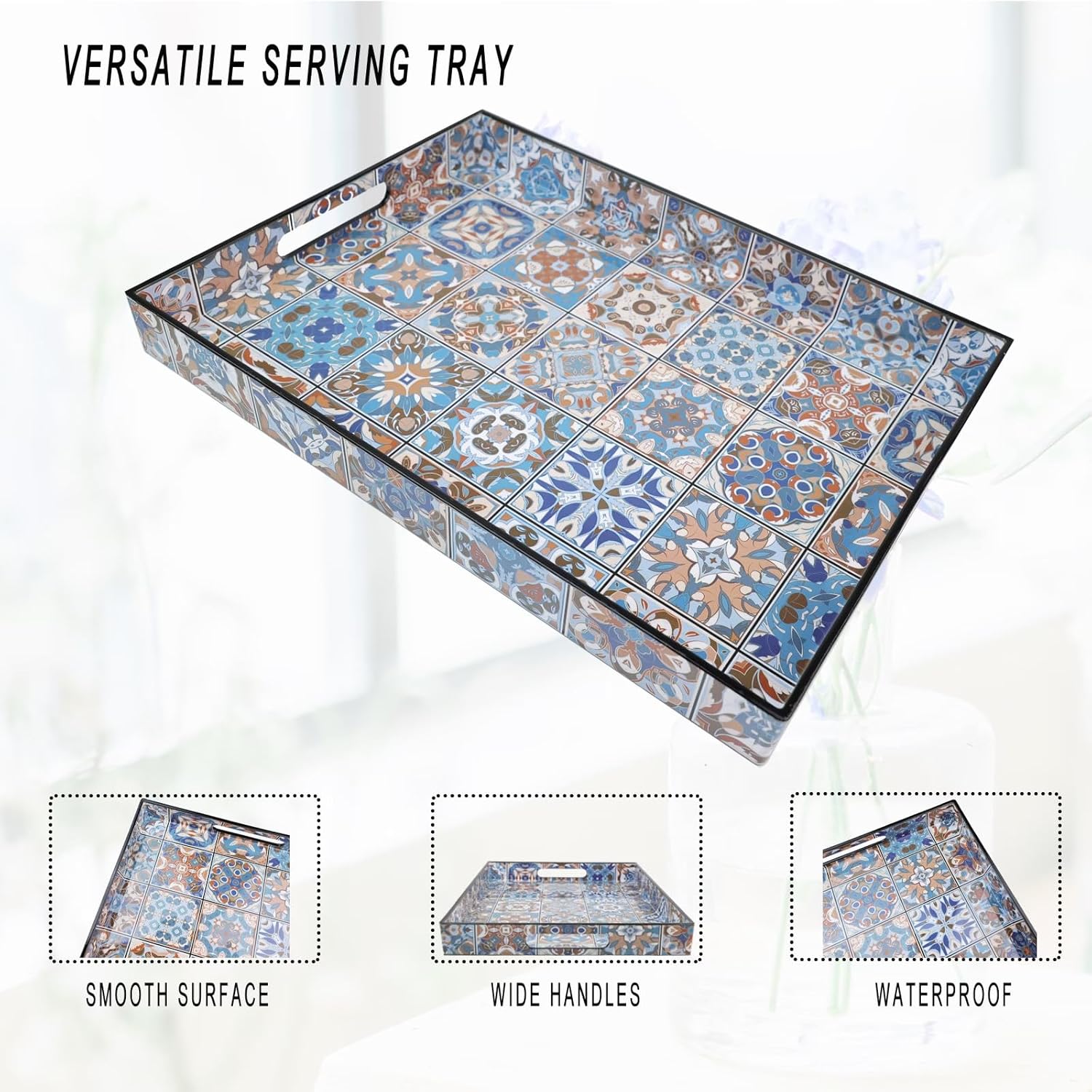 Spsyrine Serving Tray with Handles, Plastic Decorative Tray for Coffee Table, Living Room, Home